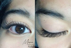 Closed and Open eye with Classic eyelash extensions applied by Mini Beauty Eyelash in Los Angeles County and Orange County.