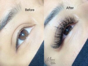 comparison photo of a client's lashes after receiving hybrid eyelash extensions applied by Mini Beauty Eyelash in Los Angeles County and Orange County.