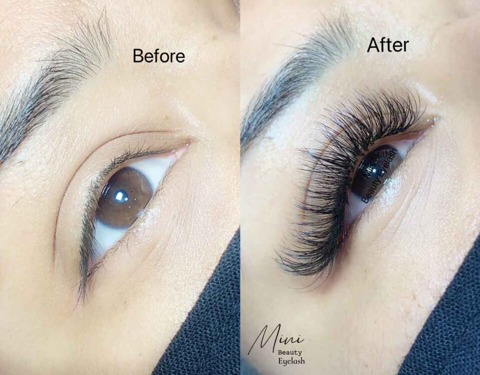 comparison photo of a client's lashes after receiving hybrid eyelash extensions applied by Mini Beauty Eyelash in Los Angeles County and Orange County.