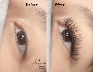 A before and after comparison photo of a client's lashes after receiving hybrid lashes extensions at Mini Beauty Eyelash.