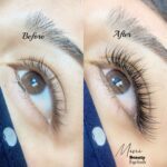 A before and after comparison photo of a client's lashes after receiving hybrid wispy eyelash at Mini Beauty Eyelash in Los Angeles county and orange county.