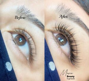 A before and after comparison photo of a client's lashes after receiving hybrid wispy eyelash at Mini Beauty Eyelash in Los Angeles county and orange county.